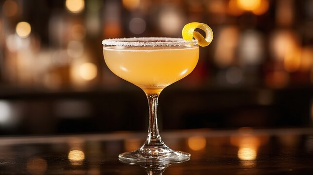 classic sidecar with lemon twist and sugared rim, served in a coupe glass, set against a sophisticated bar backdrop, emphasizing the refined elegance of high-end cocktail presentation
