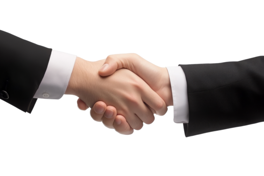 Two hands clasp together in a firm handshake, symbolizing a deal struck and a partnership formed