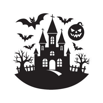 recommend clip art: halloween house  background with house and pumpkin, silhouette vector, isolated on white background, black and white silhouette, vector and illustration
