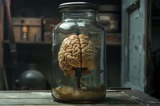 Human brain in a glass jar on a wooden background. 3d render