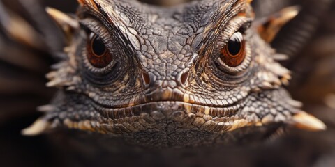 Fototapeta premium Macro shot of a frilled lizard’s head in detailed texture, emphasizing scales and complex skin patterns