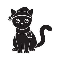 Christmas cat in Santa Hat and Scarf, silhouette vector, isolated on white background, black and white silhouette, vector and illustration