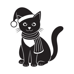 Christmas cat in Santa Hat and Scarf, silhouette vector, isolated on white background, black and white silhouette, vector and illustration