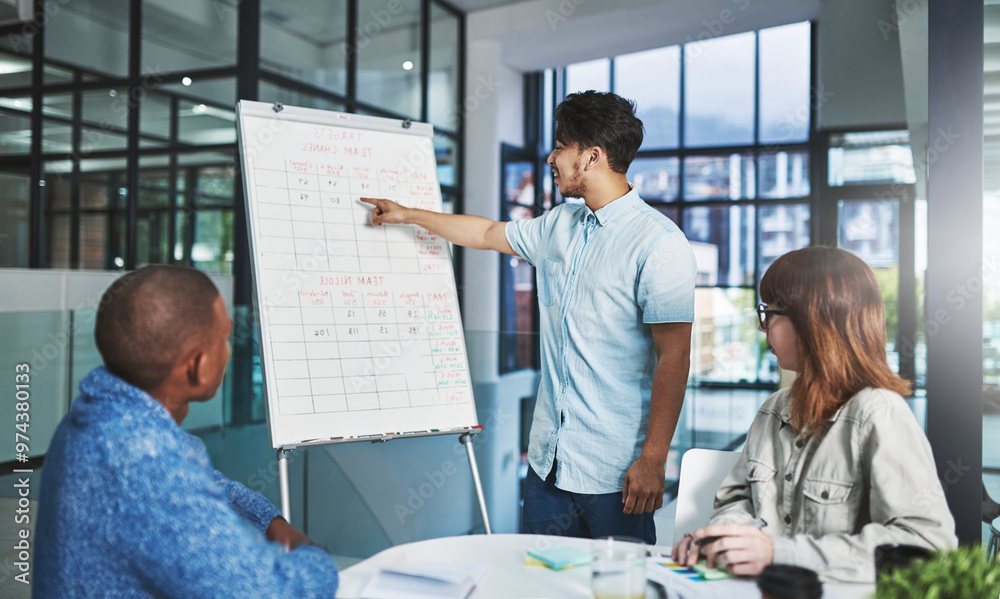 Aufkleber whiteboard, business and employees with schedule on meeting for strategy, planning and brainstorming