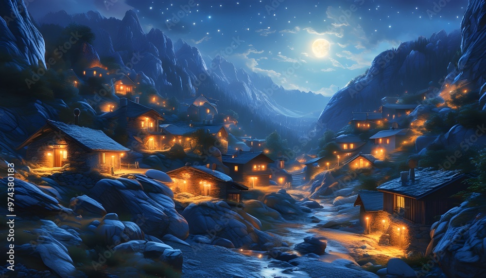 Wall mural Enchanted moonlit mountain village with shimmering lights adorning the rugged terrain