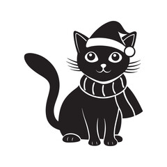 Christmas cat in Santa Hat and Scarf, silhouette vector, isolated on white background, black and white silhouette, vector and illustration