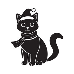 Christmas cat in Santa Hat and Scarf, silhouette vector, isolated on white background, black and white silhouette, vector and illustration