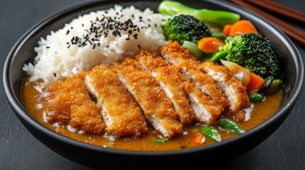 Fototapeta premium Chicken katsu curry with rice and vegetables in a deep dish - a flavorful and delicious Japanese cuisine meal for lunch or dinner. Photography Stock.