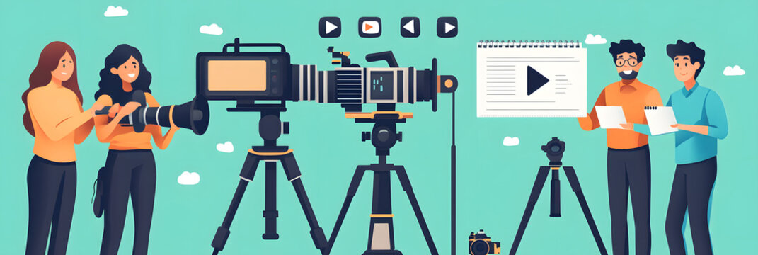 illustration of Film crew working on video production, camera operators with professional equipment, creating content, video editing, filming for media, teamwork in action, preparing for a movie shoot