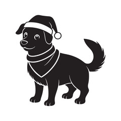 Christmas cute dog in Santa Hat and Scarf, silhouette vector, isolated on white background, black and white silhouette, vector and illustration