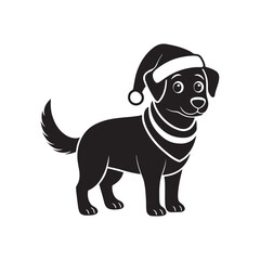 Fototapeta premium Christmas cute dog in Santa Hat and Scarf, silhouette vector, isolated on white background, black and white silhouette, vector and illustration