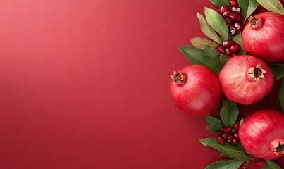 Vibrant Red Pomegranates With Green Leaves and Berries on a Rich Red Background in Autumn