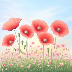 Fototapeta premium A vibrant field of delicate pink poppies gently swaying under a clear blue sky, evoking a sense of tranquility and beauty.