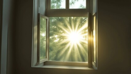 Wooden window frame with open glass panes, casting warm light onto the dimly lit room, revealing a view of the night sky beyond