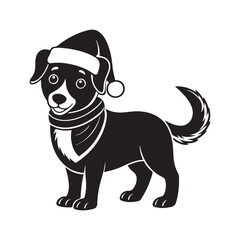 Christmas cute dog in Santa Hat and Scarf, silhouette vector, isolated on white background, black and white silhouette, vector and illustration