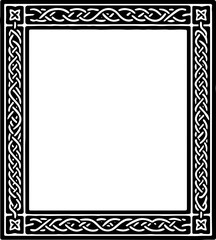 a decorative black Celtic knot border, featuring intricate knotwork designs at each corner. The overall style is minimalist with a focus on the ornate border.