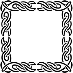 a decorative black Celtic knot border, featuring intricate knotwork designs at each corner. The overall style is minimalist with a focus on the ornate border.