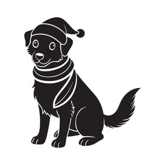 Christmas cute dog in Santa Hat and Scarf, silhouette vector, isolated on white background, black and white silhouette, vector and illustration