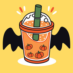Ice tea Autumn pumpkin drinks with special Halloween theme design, Thai tea pumpkin as Bubble pearl milk tea, soft drink doodle art style