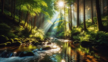 Obraz premium Tranquil Forest Stream with Sunrays through Lush Greenery