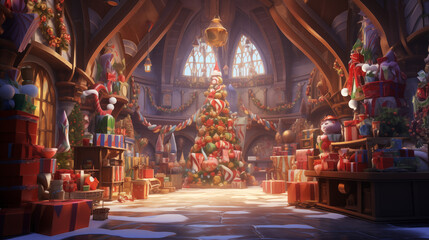 Obraz premium Large Christmas Tree In A Festive Workshop Surrounded By Gifts