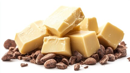 Assorted Pieces of White Chocolate Stacked Atop Roasted Cocoa Nibs on a Clean Background