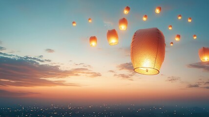 Traditional Diwali lanterns floating in the sky, 3D illustration