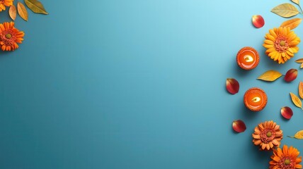 Vibrant Diwali rangoli with flower petals and lamps, 3D illustration