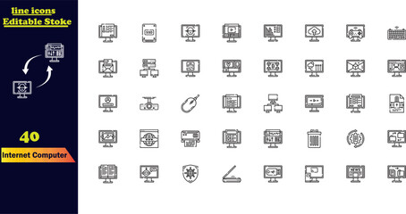 Stroke icon collection for internet and computers, featuring icons for online, computer, network, website, server, web design, hardware, software, and programming.