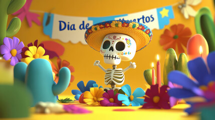 A cute and colorful illustration of a Day of the Dead theme with Mexican decorations, vibrant colors, flowers