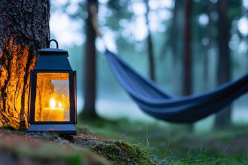 a stylish glamping setup with a hammock strung between two trees in a fog-covered forest