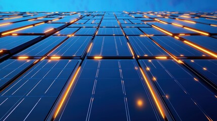 A close-up view of solar panels reflecting light, showcasing renewable energy technology and sustainable design. Clean and modern.