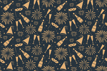 seamless New Year's Eve golden pattern with champagne bottle, glasses, fireworks, party hat and mask- vector illustration