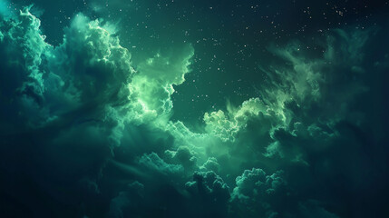 Mystical green clouds under a starry night sky