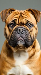 Close-up portrait of a brown and white bulldog with a serious expression, looking directly at the camera against a gray background.