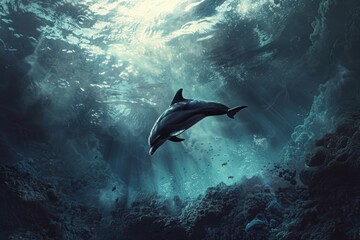 Obraz premium A dolphin diving deep into the ocean's abyss, its curiosity leading it to explore the hidden wonders of the underwater realm