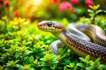 Fototapeta premium Serene Image Of A Snake Slithering Through A Lush Garden, Symbolizing The Chinese Zodiac Animal For 2013, The Year Of The Snake.