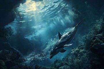 Fototapeta premium A dolphin diving deep into the ocean's abyss, its curiosity leading it to explore the hidden wonders of the underwater realm