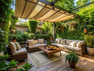 Fototapeta premium Shady Retreat Under An Awning On A Cozy Outdoor Patio With Comfortable Seating And Lush Vegetation.