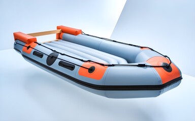 Naklejka premium Modern Orange and Black Inflatable Raft Against Crisp Minimalist White Background