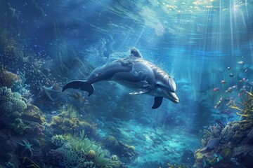 Fototapeta premium A dolphin diving deep into the ocean's abyss, its curiosity leading it to explore the hidden wonders of the underwater realm