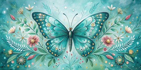 Teal Butterfly Floral Ornate Pattern Whimsical Vintage Illustration Soft Focal Point Watercolor Style Dreamy Serene Calming Nature Inspired Inspiration Whimsy 