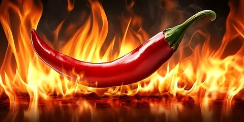 Spicy hot red chili pepper isolated on a blazing fiery background, surrounded by flames, evoking a sense of intense heat and culinary passion.