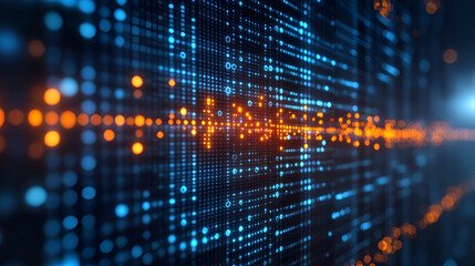 Dynamic digital data stream featuring vibrant blue and orange dots representing information flow in a futuristic environment