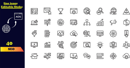 Editable stroke icon set for SEO, featuring a collection of icons for search engine optimization, including business and marketing, traffic, ranking, optimization, links, and keywords.