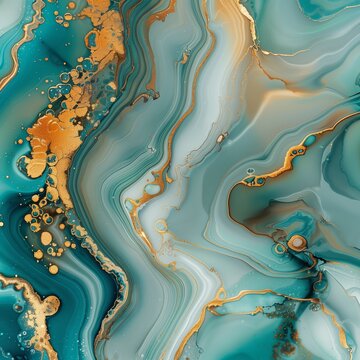 Fototapeta Vibrant abstract marble texture featuring teal and gold swirls in a fluid design
