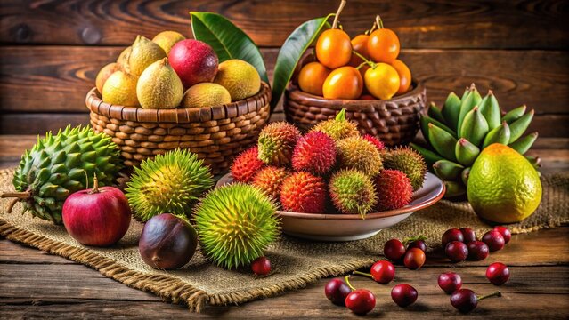 Vibrant arrangement of exotic Burma fruit, including durians, rambutans, and mangosteens, artfully arranged on a rustic wooden table against a natural fiber backdrop.