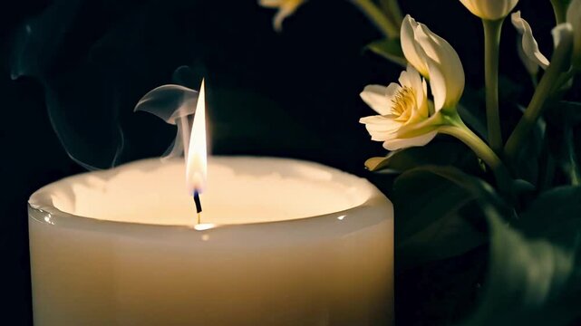 Solemn funeral white flowers and candles on dark background, memory and grief wallpaper.
