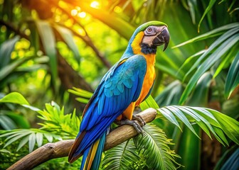 Obraz premium Vibrant blue and yellow macaw perched on a lush green branch, its feathers glistening in the sunlight, surrounded by a tropical rainforest atmosphere.