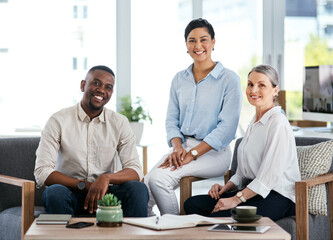 Collaboration, meeting and portrait with business people in office together for career development....